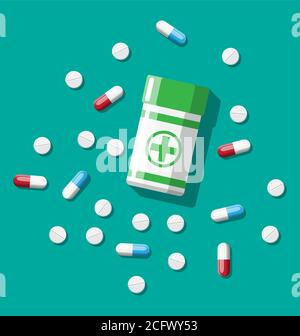 Medicine collection. Bottle, tablets, pills, capsules for illness and pain treatment. Medical drug, vitamin, antibiotic. Healthcare and pharmacy. Vector illustration in flat style Stock Vector