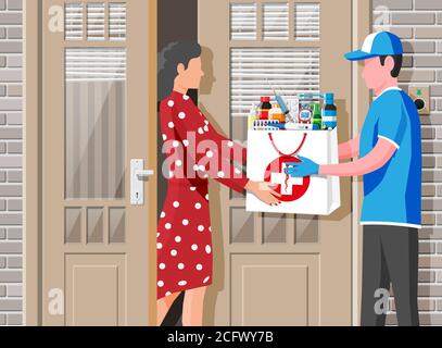 Courier delivered package of drugs to customer. Pharmacy delivery service concept. Delivery man give ordered medical products to woman. Online drugstore or internet shop. Flat vector illustration Stock Vector