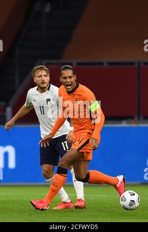 Virgil van Dijk (Netherlands)Ciro Immobile (Italy)                       during the UEFA Nations League 2020-2021 match between  Netherlands 0-1 Italy    at Amsterdam Arena on September 07 , 2020 in Amsterdam, Netherlands. (Photo by Maurizio Borsari/AFLO) Stock Photo