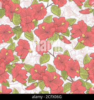 Roselle flower branch graphic color seamless pattern sketch illustration vector Stock Vector