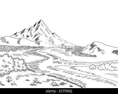 mountain river graphic black white landscape sketch illustration vector