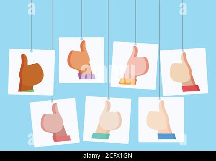 Vector flat illustration with hanging posters with likes. People of different nationalities. Illustration for your creativity Stock Vector