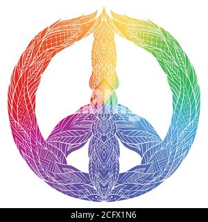 Rainbow sign of peace with a boho pattern. Vector doodle illustration for printing on T-shirts, postcards, stickers and your creativity. Stock Vector