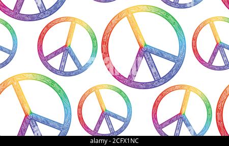 Seamless texture with rainbow symbol of peace and a boho pattern on a white background. Vector element for fabrics, wallpaper, wrapping paper and your Stock Vector