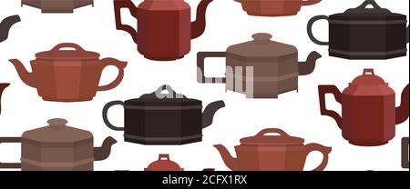 Seamless texture with brewing clay Chinese teapots. Vector background for your creativity Stock Vector