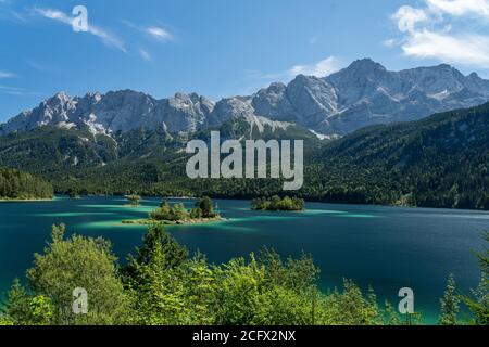 view on the beautiful zugspitze mountain and the eibsee in bavaria, germany Stock Photo