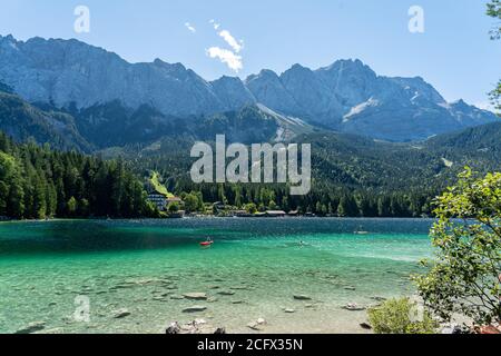 view on the beautiful zugspitze mountain and the eibsee in bavaria, germany Stock Photo