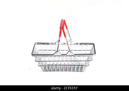 empty wire shopping basket on white background. side view Stock Photo