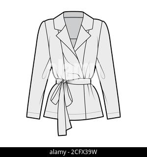 Wrap shirt technical fashion illustration with long sleeves, slightly loose  fit, notch collar, ties at the waist. Flat apparel blouse template front,  grey color. Women men unisex blazer CAD mockup Stock Vector