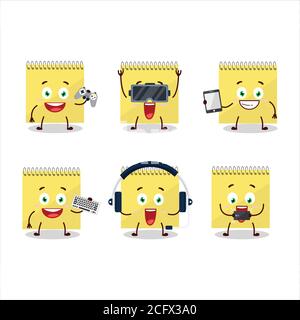 Spiral square yellow notebooks cartoon character are playing games with various cute emoticons Stock Vector