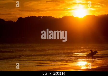 A surfer stands on a beach looking at the waves as the sun sets behind, Kamakura beach, Kanagawa, Japan. Stock Photo