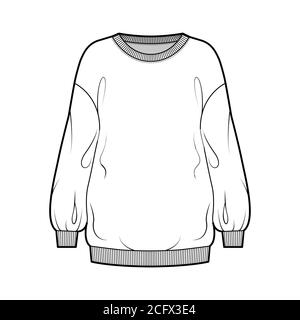Cotton-terry slouchy oversized sweatshirt technical fashion illustration with loose relaxed fit, crew neckline, long sleeves. Flat jumper apparel template front white color. Women, men, unisex top CAD Stock Vector
