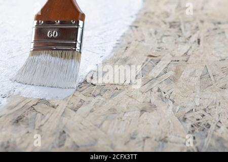 Brush painting wall with white paint. Close up Stock Photo