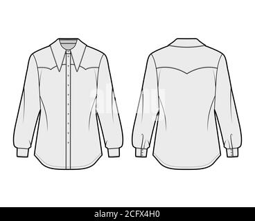 Western-inspired shirt technical fashion illustration with long sleeves with cuff, front button-fastening exaggerated point collar. Flat template front back grey color. Women men unisex top CAD mockup Stock Vector