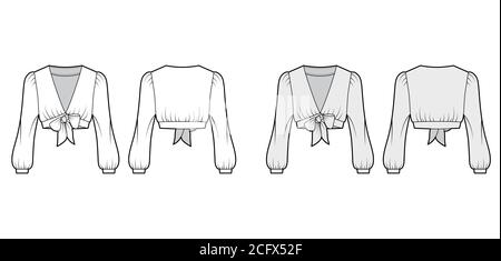 Tie-front cropped shirt technical fashion illustration with voluminous long sleeves, plunging neckline. Flat blouse apparel template front, back, white, grey color. Women, men, unisex top CAD mockup.  Stock Vector