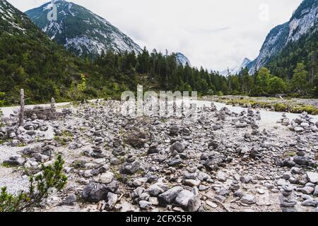 view on isar river and mountains near the isar origin in scharnitz, austria Stock Photo