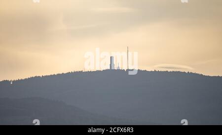 view on taunus feldberg with tower at sunset, frankfurt, germany Stock Photo