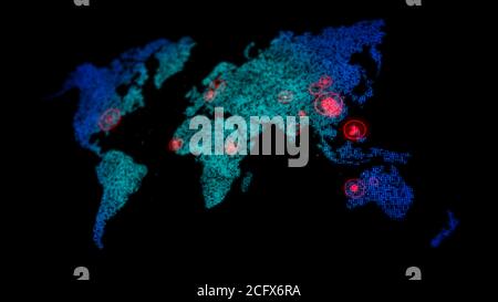 3D dot world map with red circle aim target on the map, for futuristic concept, with shallow depth of field effect Stock Photo