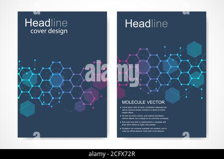 Scientific brochure design template. Vector flyer layout, Molecular structure with connected lines and dots. Scientific pattern atom DNA with elements Stock Vector