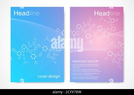 Scientific brochure design template. Vector flyer layout, Molecular structure with connected lines and dots. Scientific pattern atom DNA with elements Stock Vector