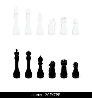 Chess pieces king queen bishop knight rook pawn isometric view vector icon set. Chess figures black and white. Team with chess pieces illustration Stock Vector