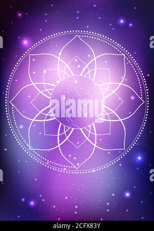 Vector illustration of a hand of  Buddha and frame of lotus on the cosmic background. Vector element for your creativity Stock Vector