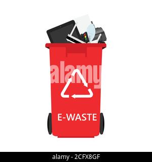 Electronic waste in red recycling can, bin with discarded electrical and electronic devices. Recycling garbage separation and recycled isolated on whi Stock Vector