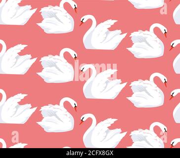 Seamless pattern with a pair of lovers swans on a pink background. Vector texture for your creativity Stock Vector