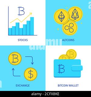 Cryptocurrency icon set in flat style. Altcoins, bitcoin wallet, exchange to dollar, bitcoin market symbols. Vector illustration. Stock Vector