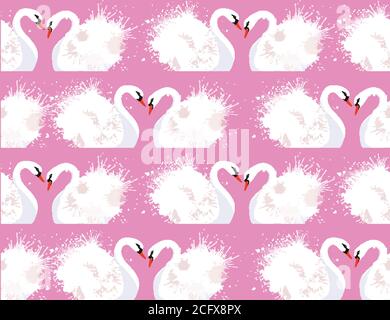 Seamless pattern with a pair of lovers swans and watercolor splashes on a pink background. Vector texture for your creativity Stock Vector