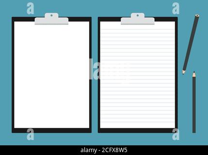 Flat design illustration of clipboard with blank white lined sheet of paper and pencil. Space to add text or graphics - vector Stock Vector