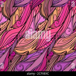 Seamless texture with pink feathers with doodle pattern. Vector pattern for your creativity Stock Vector