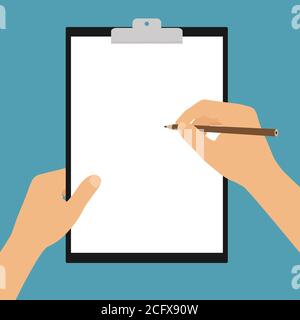 Flat design illustration of a clipboard with a blank sheet of white paper. Hand holding a pencil and space for text or drawing. Isolated on green back Stock Vector