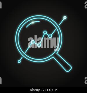 Progress monitoring icon in neon line style. Data audit symbol. Magnifying glass and line chart. Vector illustration. Stock Vector