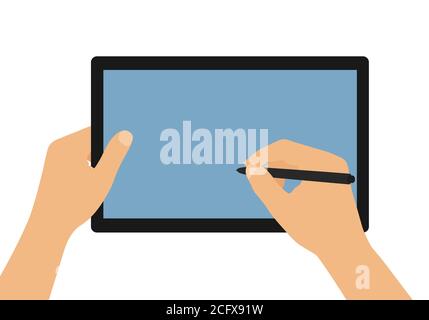 Flat design cartoon illustration of man or woman hands holding tablet with blank blue screen. Stylus signature on touch screen - vector Stock Vector