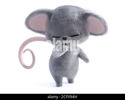 3D rendering of an adorable kawaii furry mouse yawning and looking very sleepy. White background. Stock Photo