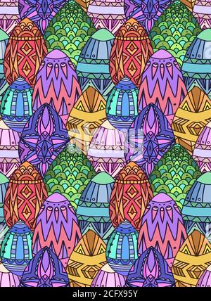 Seamless festive texture with colored Easter eggs with doodle pattern. Vector pattern for  fabric, wrapping paper, backgrounds and your creativity Stock Vector