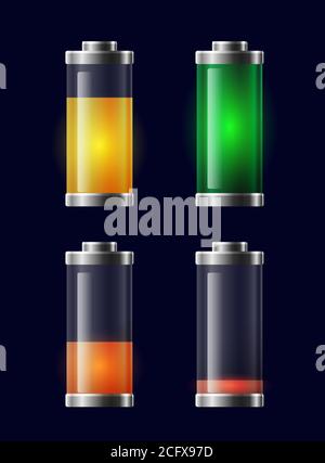 Set of transparent different charging battery.  Vector element for displays, icons and your design Stock Vector