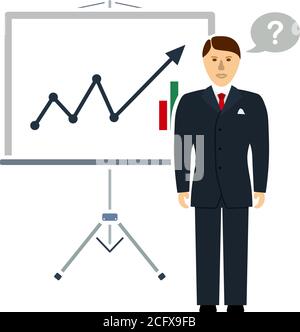 Clerk Near Analytics Stand Icon. Flat Color Design. Vector Illustration. Stock Vector
