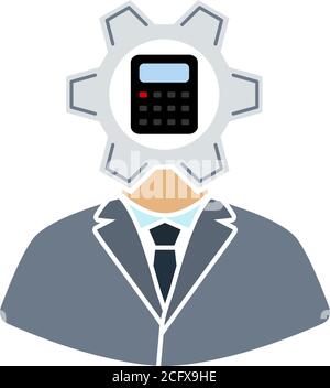 Analyst With Gear Hed And Calculator Inside Icon. Flat Color Design. Vector Illustration. Stock Vector