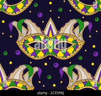 Seamless festive pattern with masks. Vector texture on the Mardi Gras holiday for your creativity Stock Vector