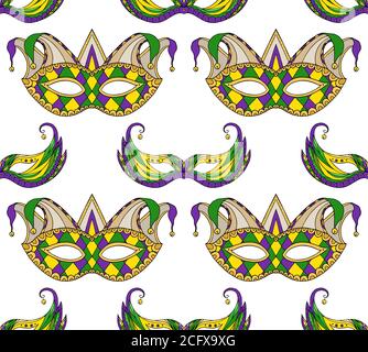 Seamless festive pattern with masks. Vector texture on the Mardi Gras holiday for your creativity Stock Vector