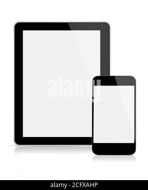 This is a front view of iPhone and iPad Apple Inc with blank screen, isolated on white. Stock Photo