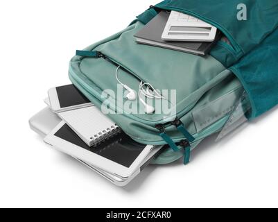 Bag with office supplies on white background Stock Photo