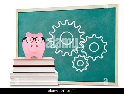 Piggy bank and gears drawnings on blackboard Stock Photo