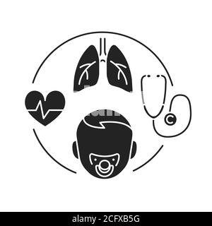 Pediatric pulmonology black glyph icon. Check and treatment respiratory system in children. Pictogram for web page, mobile app, promo. Stock Vector