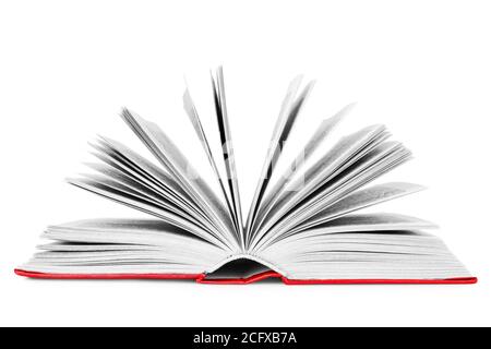 One open paper thick red book, flipping pages white background isolated close up, hardcover textbook, turning pages, education & knowledge symbol Stock Photo