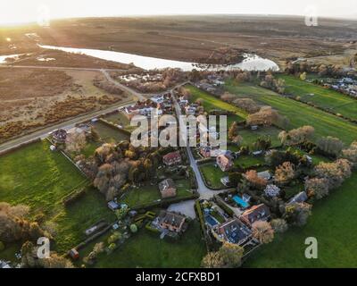An aerial photograph taken above a village in the New Forest, Hampshire. Stock Photo