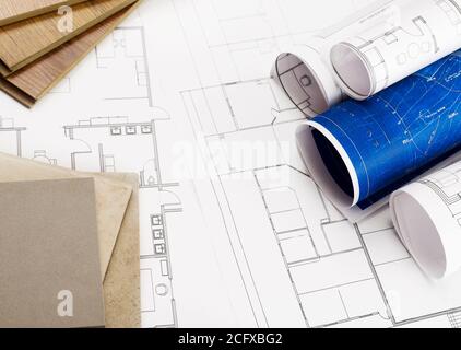 Blueprints and construction materials Stock Photo - Alamy