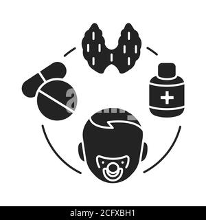 Pediatric endocrinology black glyph icon. Checking children for the normalization of hormones and thyroid glands. Pictogram for web page, mobile app. Stock Vector
